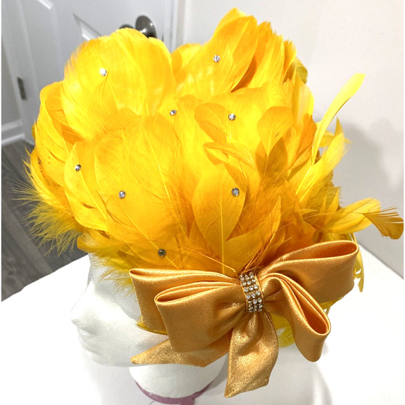 Vintage Ms Devine hat bright yellow feathers satin bow & rhinestones statement - Picture 8 of 10